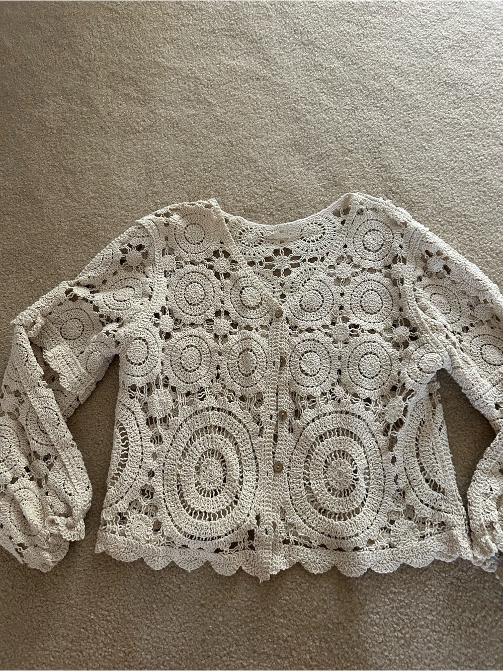 Crochet Button-Front Cardigan Sweater - Cream
